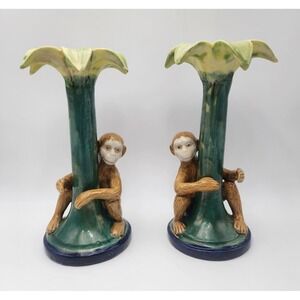 Majolica Monkey And Palm Tree Candlestick Holders. Set of 2. Hollow Center. 13"